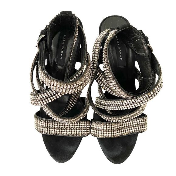 Zara Black Velvet Sandals with Rhinestone Strap in Size EU 37 - Picture 4 of 14
